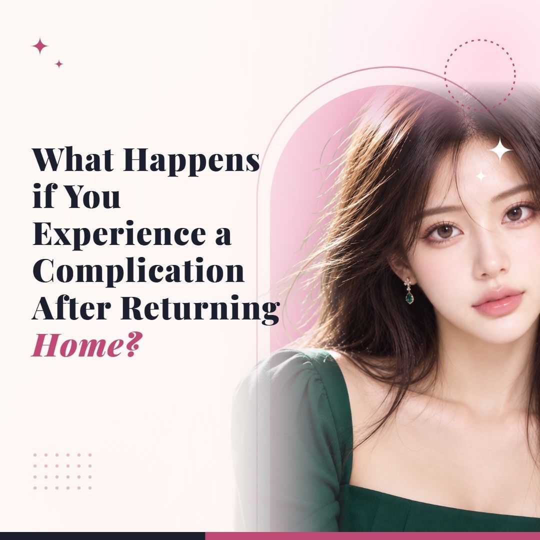 Blog cover image for What Happens if You Experience a Complication After Returning Home? with a model portrait on a soft pink background