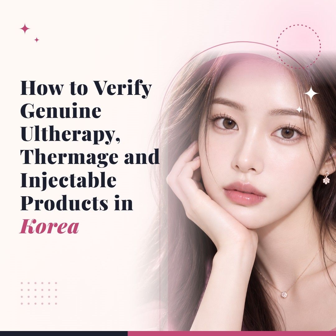 Blog cover image for How to Verify Genuine Ultherapy, Thermage and Injectable Products in Korea with a model portrait on a soft pink background