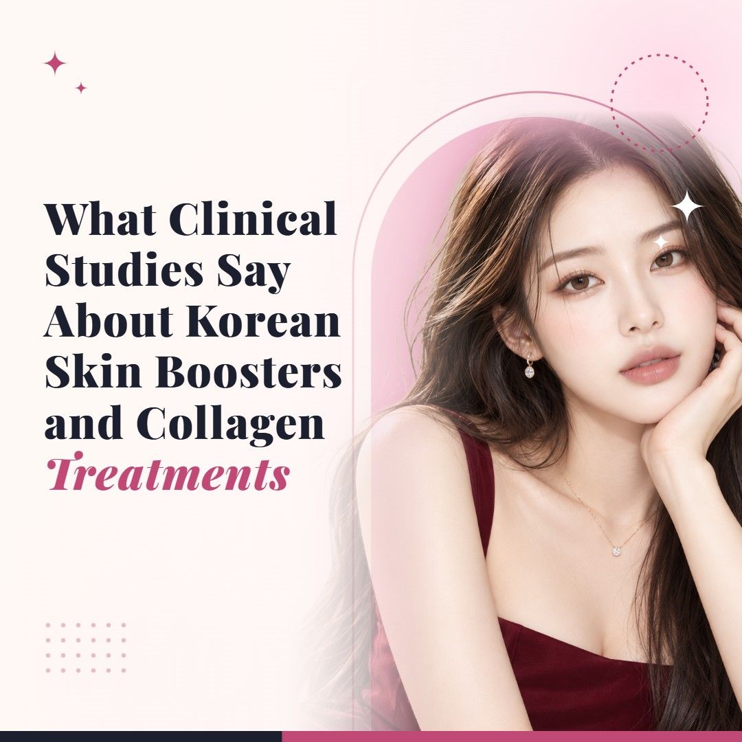 Blog cover image for What Clinical Studies Say About Korean Skin Boosters and Collagen Treatments with a model portrait on a soft pink background