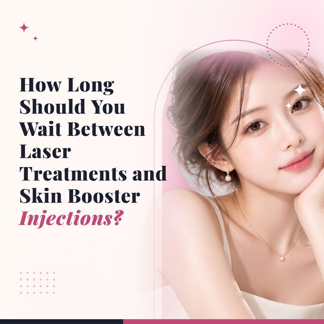Blog cover image for How Long Should You Wait Between Laser Treatments and Skin Booster Injections? with a model portrait on a soft pink background