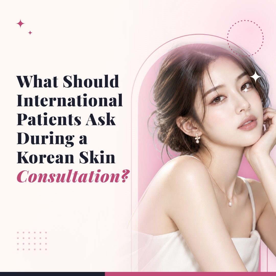 Blog cover image for What Should International Patients Ask During a Korean Skin Consultation? with a model portrait on a soft pink background