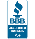 BBB Accredited Business A+ badge in blue and white