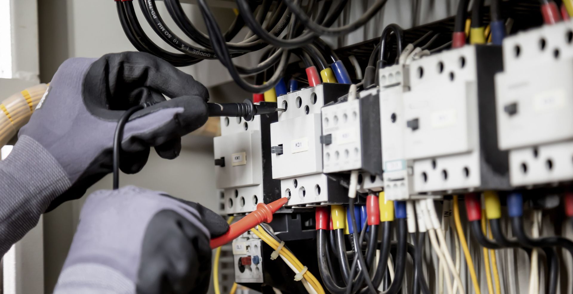 Technician wiring an electrical control panel with red and black cables, wearing gloves.