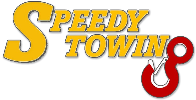 A yellow and red logo for speedy towing