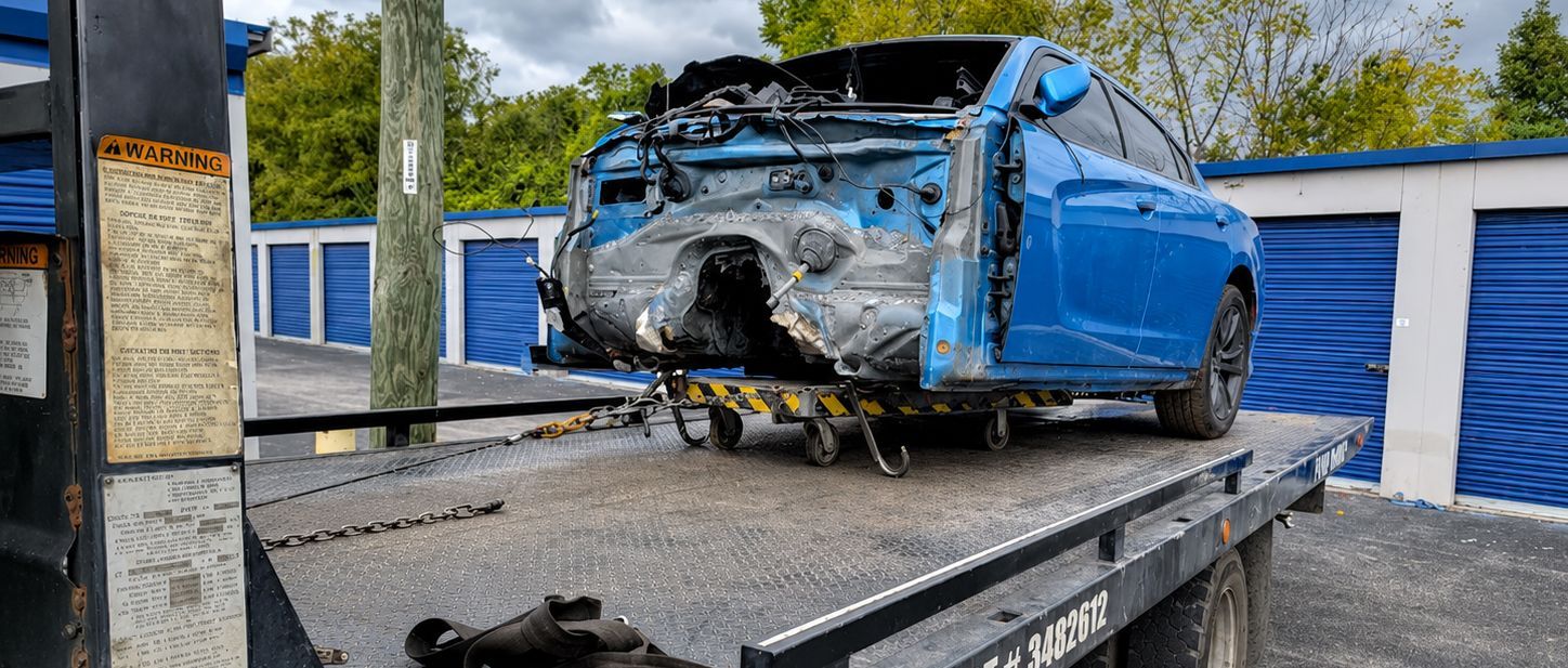Crushed blue car loaded on a tow truck in front of garage doors