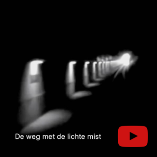 Donkere gang met herhalende witte lichtflitsen die in de verte vervagen en Nederlandse tekst onderaan.