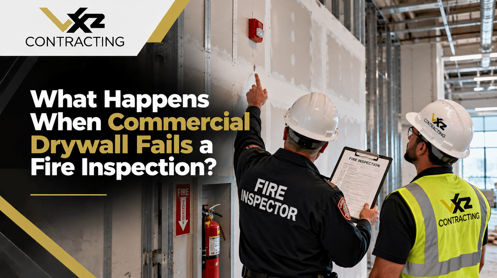 Fire inspector and contractor reviewing drywall in a warehouse; headline asks what happens when drywall fails inspection