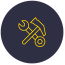A wrench and hammer are crossed in a circle.
