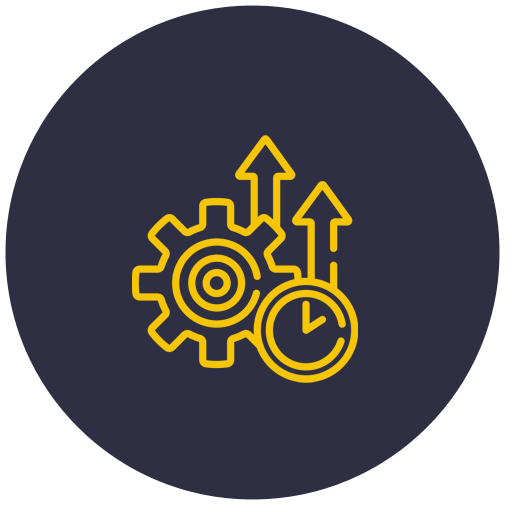 An icon of gears , arrows and a clock in a circle.
