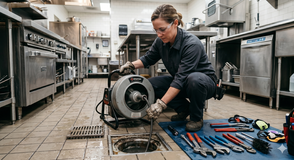 Mechanic kneeling in a stainless-steel kitchen, repairing an appliance with tools spread on the floor
