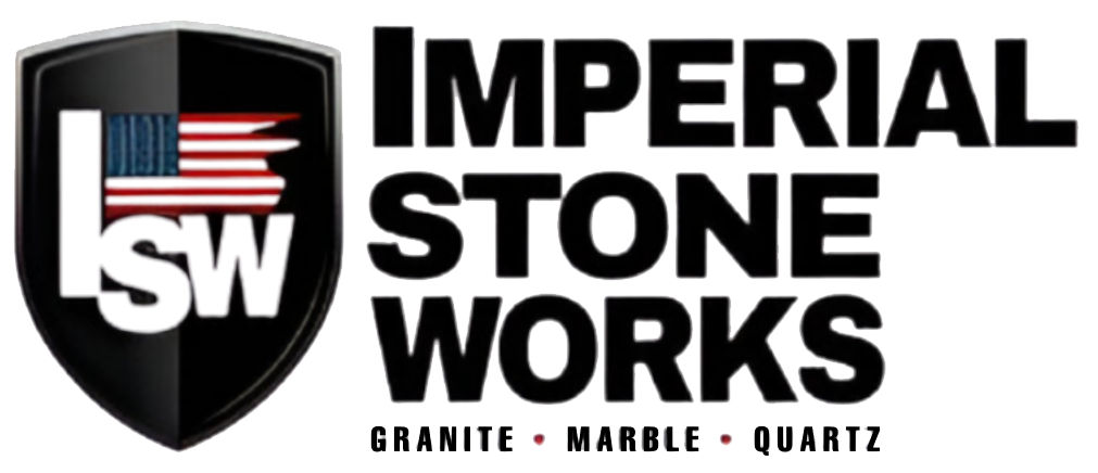 Logo for Imperial Stone Works featuring a shield, US flag, and text: Granite, Marble, Quartz.