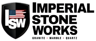 Logo for Imperial Stone Works featuring a shield, US flag, and text: Granite, Marble, Quartz.