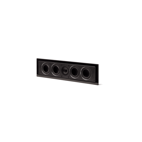 Black rectangular speaker grill with five circular drivers on a white background