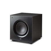 Black cube subwoofer speaker with a large front-facing woofer on a white background