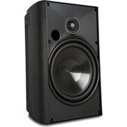 Black bookshelf speaker with silver tweeter and large woofer on a white background