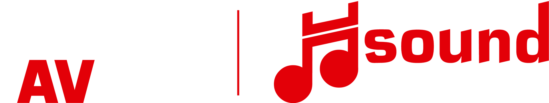 Logo audio AV avec texte rouge et icône de note de musique sur fond blanc