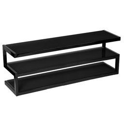 Black three-tier wall-mounted shelf with a slanted top and open middle shelf on a white background