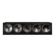Black rectangular speaker with four silver circular drivers on a white background