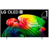 LG OLED AI TV with vivid rainbow swirls on a black screen and white stand legs
