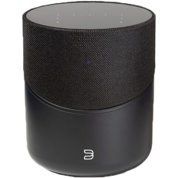 Black cylindrical smart speaker with textured upper half and logo on the front