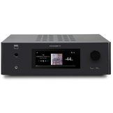 Black audio component with display screen and large knob on the right