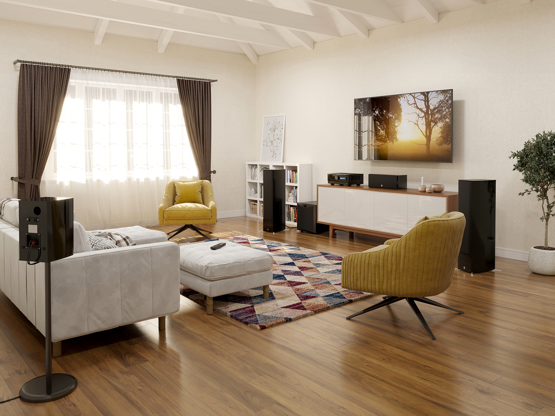 Bright, modern living room with yellow chairs, white sofa, colorful rug, and wall art.