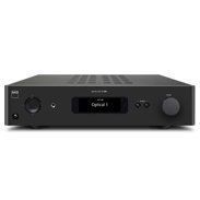Black stereo amplifier with central display, knobs on both sides, shown front view on white background