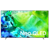 Téléviseur Samsung Neo QLED avec un affichage abstrait vert et bleu vif sur fond blanc