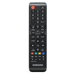 Black Samsung TV remote control with red power button and colorful app keys