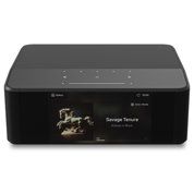 Black rectangular media player with a front touchscreen displaying album art and “Savage Terrain.”