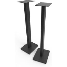 Two black metal pedestal stands with square bases and tops on a white background
