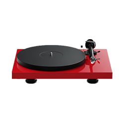 Platine vinyle rouge avec plateau et bras de lecture noirs sur fond blanc