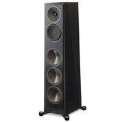 Black floor-standing speaker with multiple drivers on a white background