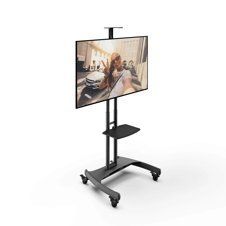 Mobile TV stand with wheeled base and a mounted flat-screen display showing a woman in a living room