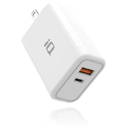 White USB wall charger with two ports, shown at an angle