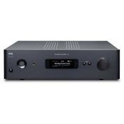 Black stereo amplifier receiver with front controls and display panel