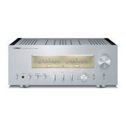 Silver stereo receiver with display screen and control knobs on a white background