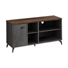 Black and wood TV console with shelves, cabinet door, and angled legs