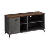 Dark wood TV stand with shelves, cabinet, and angled legs on a white background