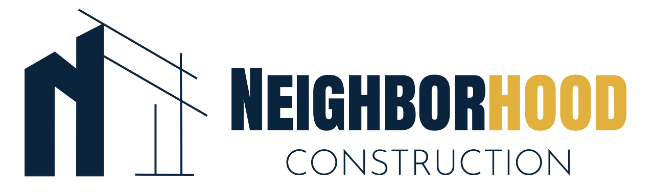 Neighborhood Construction logo with navy building icon and gold-and-gray text on white background