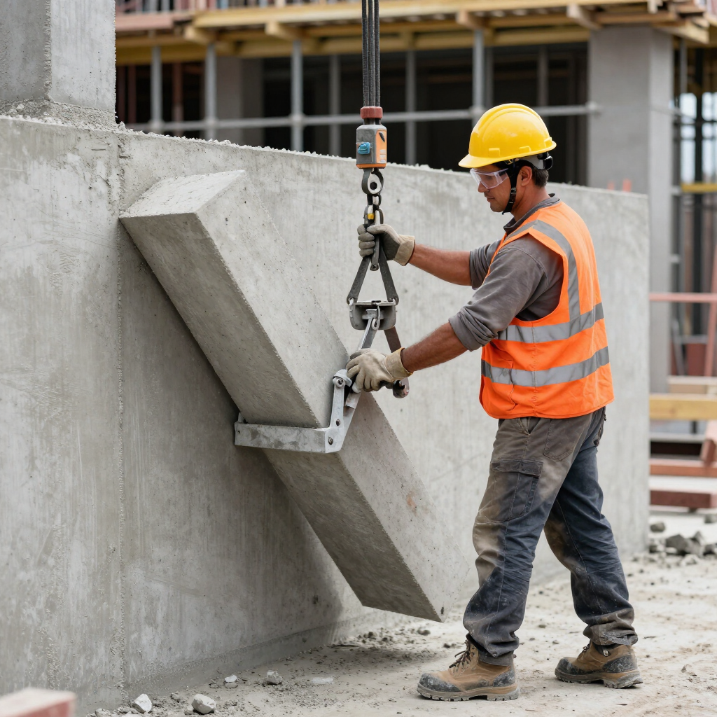 Construction worker in hard hat and orange vest positioning a concrete wall panel with a hoist