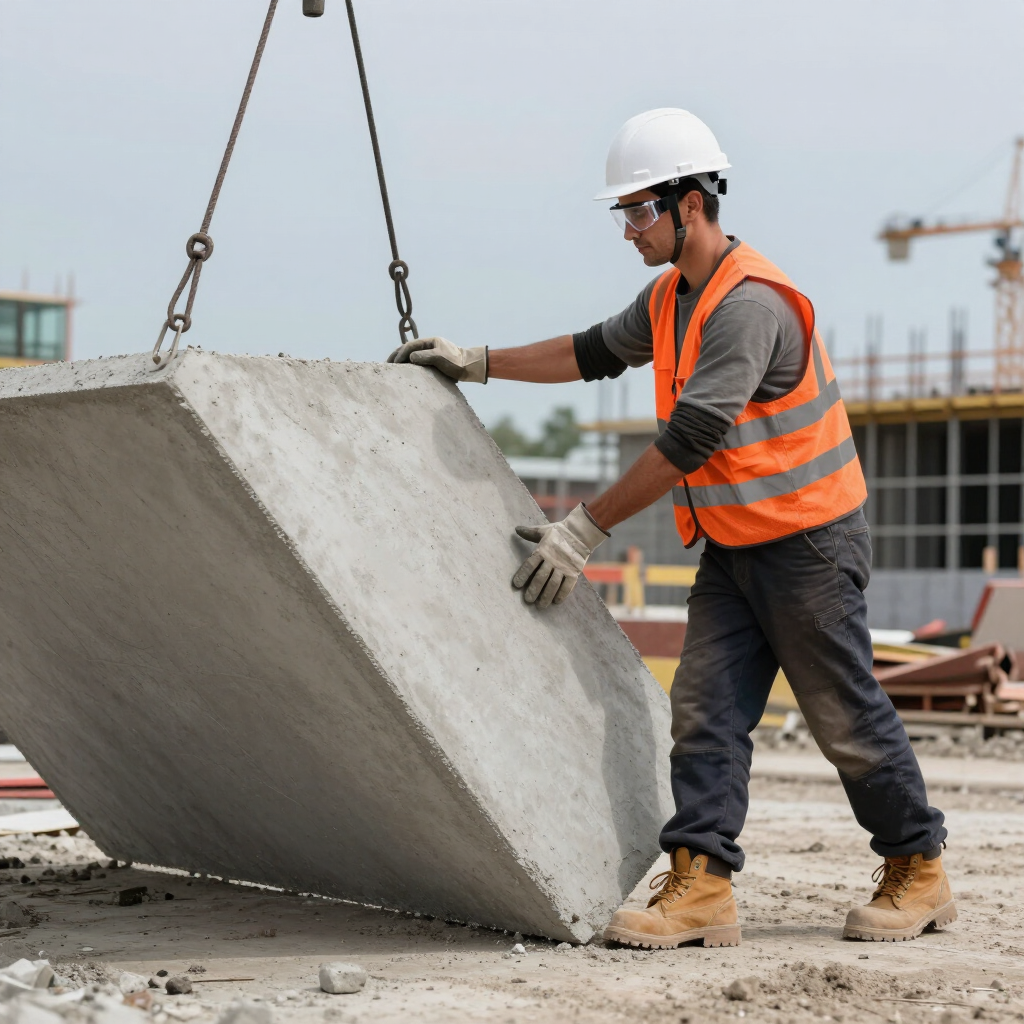 Construction worker in orange safety vest guiding a suspended concrete block on a job site