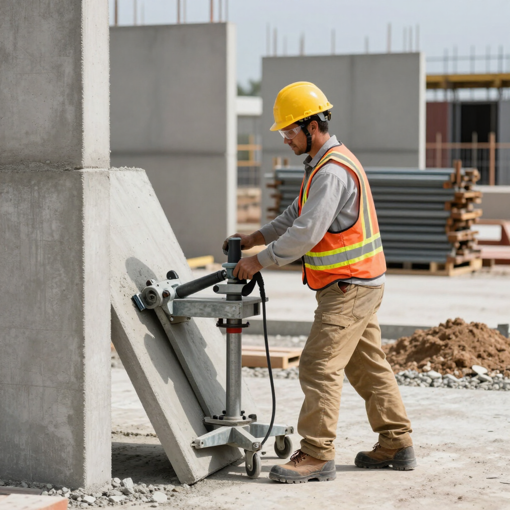 Construction worker using a wall saw on a concrete slab at a building site