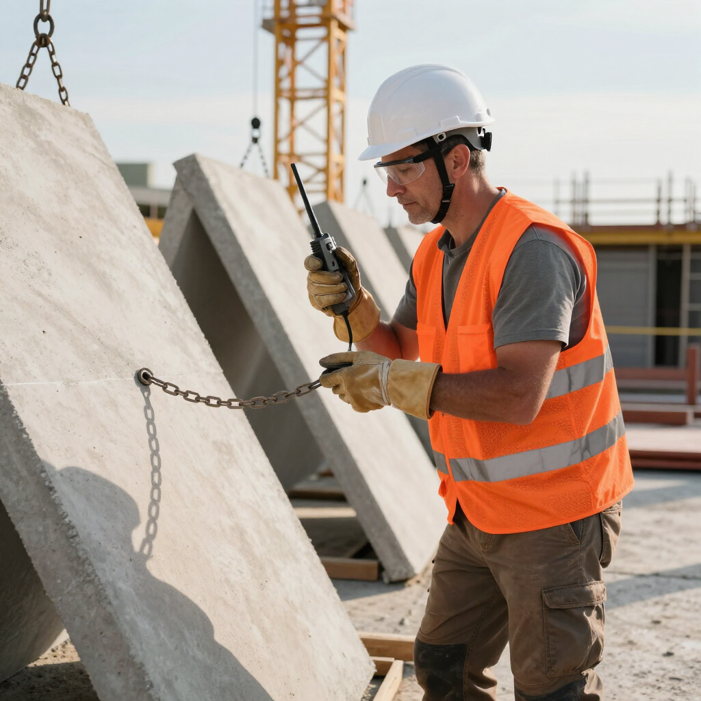 Construction worker in orange vest and hard hat securing a large concrete slab with chains at a site