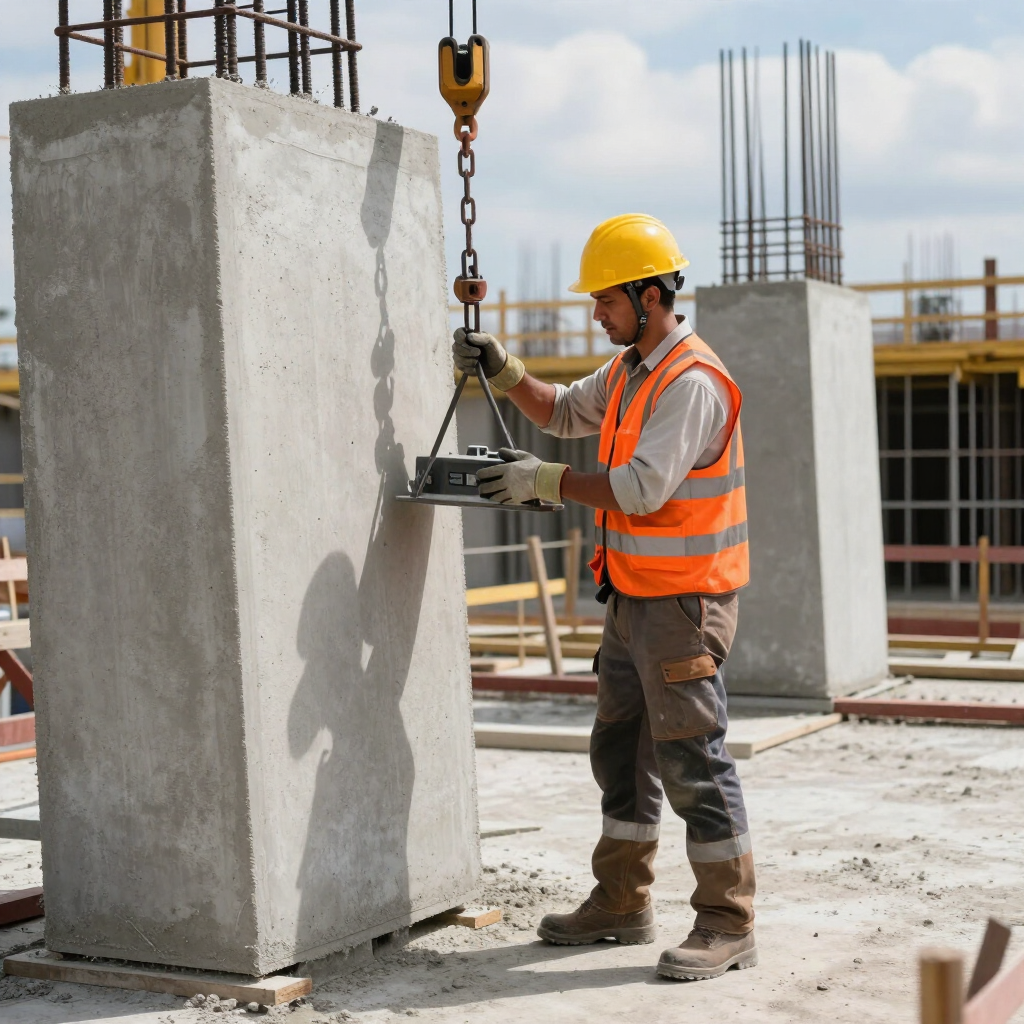 Construction worker in orange vest and hard hat lifting a concrete panel at a building site