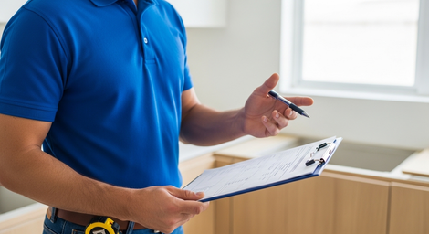 A person in a blue polo shirt holding a clipboard and pen in a kitchen, gesturing as if explaining a project.