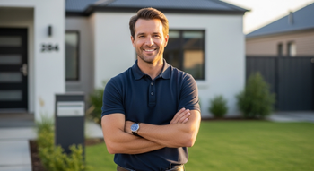 A smiling person with arms crossed, wearing a dark polo shirt, standing on a lawn in front of a modern white house.