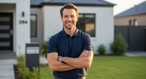 A smiling person with arms crossed, wearing a dark polo shirt, standing on a lawn in front of a modern white house.