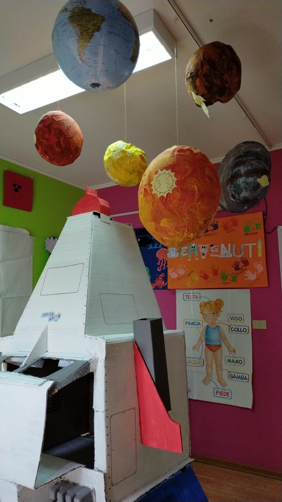 Aula con modellini di pianeti colorati appesi alle pareti e un'esposizione di razzi di carta bianca.
