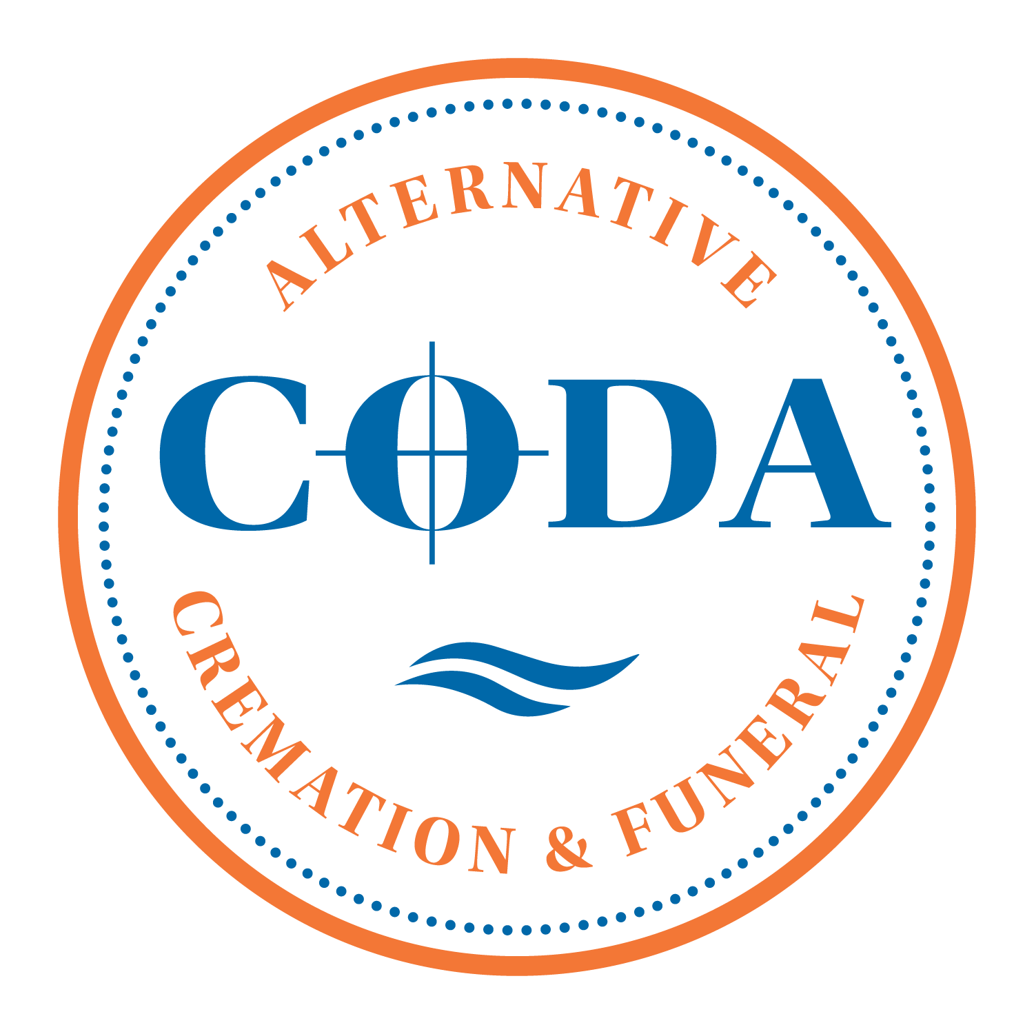 Logo for CODA Alternative Cremation & Funeral, featuring blue text in an orange circular border with a crosshair symbol.